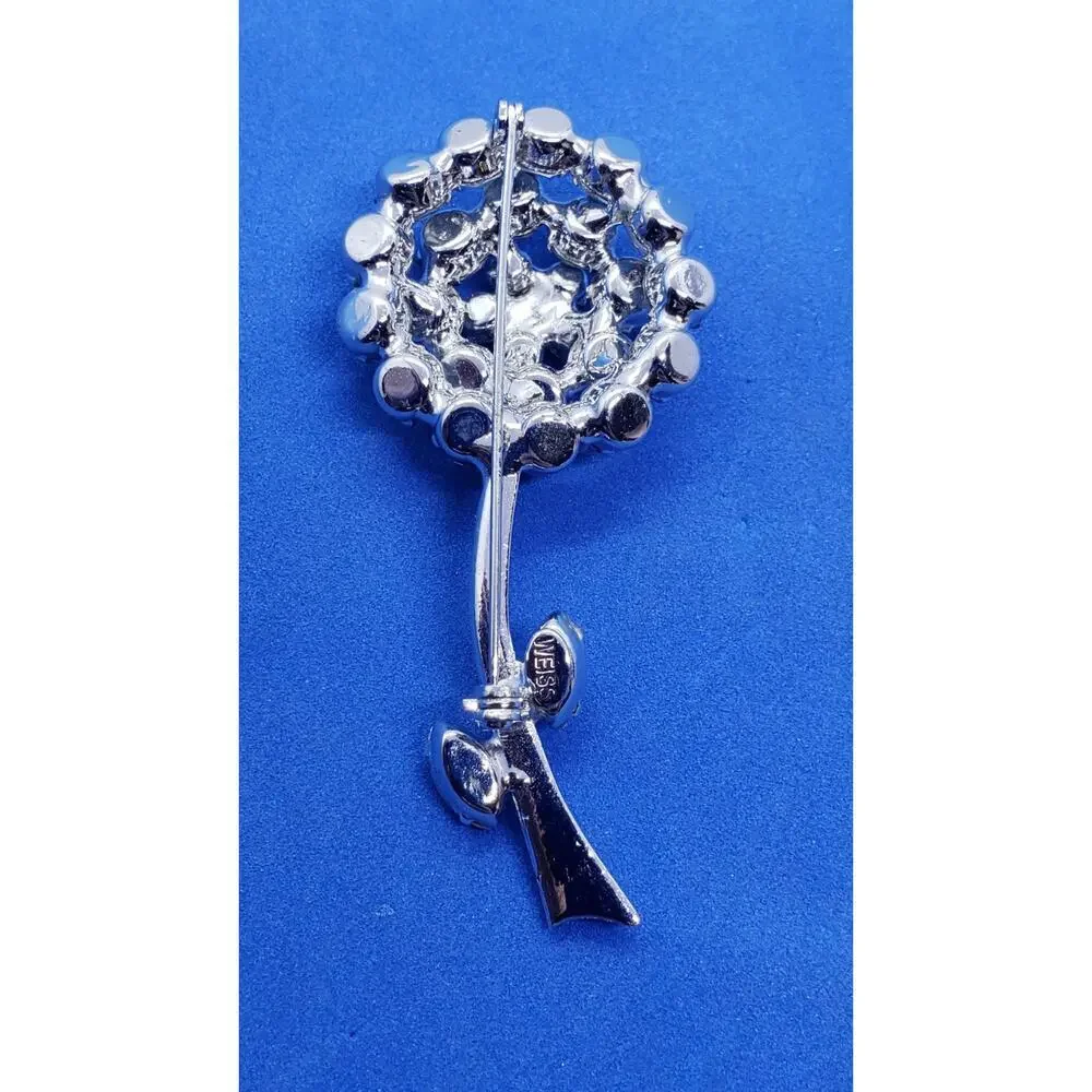 Vintage Signed Weiss Brooch Clear Rhinestone Flower Rose Long Stem Leaves